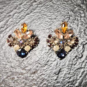 VTG Y2K Regency Bridgerton Rhinestones Rhombus Earrings Colorful Floral Cluster
